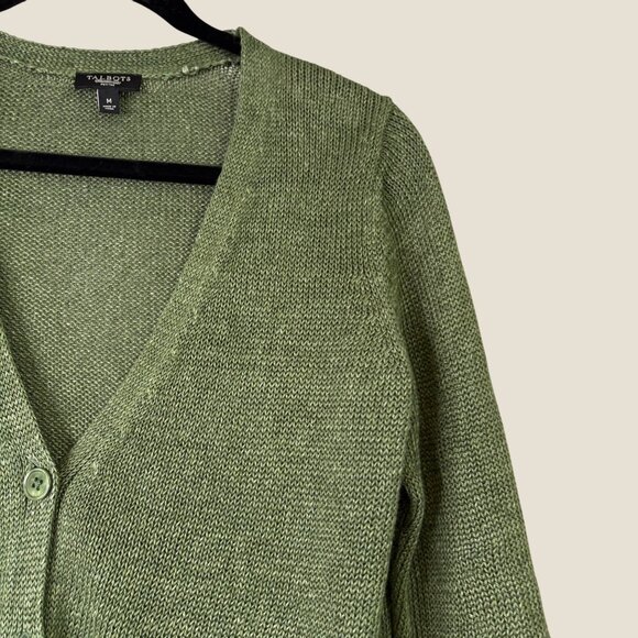 Talbots 100% Linen Green Loose Knit Button V Neck Cardigan 3/4 Sleeve Size M - Picture 6 of 8